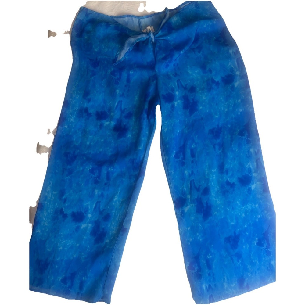 Baltex Wide Leg Swim Cover Up Pants Blue Tie Dye Large Tie Front Sheer
